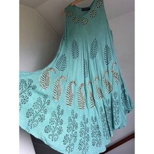 Boho Earthy Teal Paisley Leaf Embroidered Sleeveless Flowy Dress‎ One Size Free